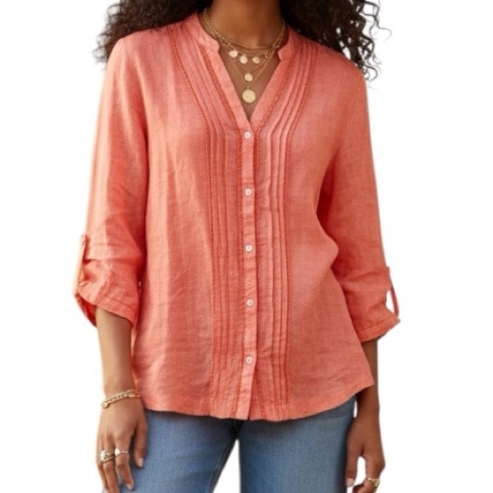 Lands End Linen Pin Tuck Button Front coral Coastal Grandma Top Resortwear